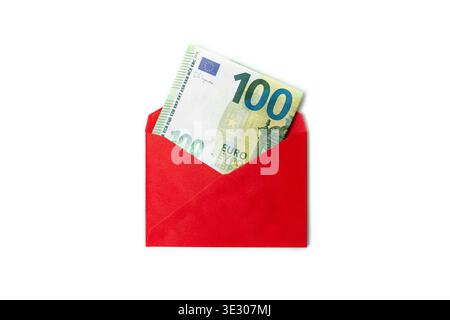 One hundred euro banknote in a bright red envelope isolated on white background; Cash gift for special occasion or bonus: 100 euro bill inside a red p Stock Photo