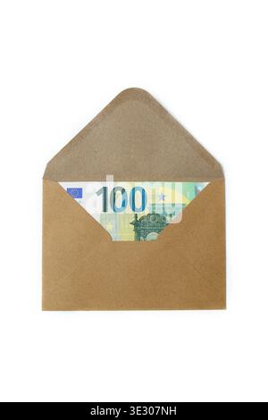 One hundred euro banknote inside a brown craft envelope, top view isolated on white background;Cash payment or savings concept: Euro currency hidden Stock Photo
