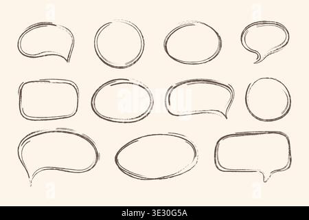 Set of hand-drawn speech bubbles with a retro chalk and pencil texture. Outline bubbles for conversations and chat icons. Vector frames for communication, planning, and text highlighting. Stock Vector