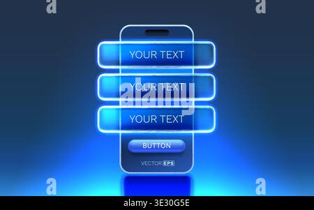 Digital smartphone interface with glowing blue UI elements, featuring interactive text fields and a button. Vector illustration Stock Vector