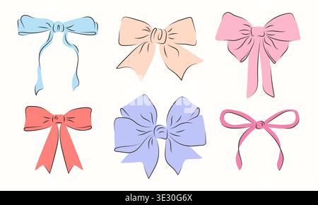Set of hand-drawn ribbons and decorative bows in pastel colors. Festive gift bows, silk knots for gift wrapping in a flat style. Decor for greeting cards, celebration accessories, birthday parties. Stock Vector