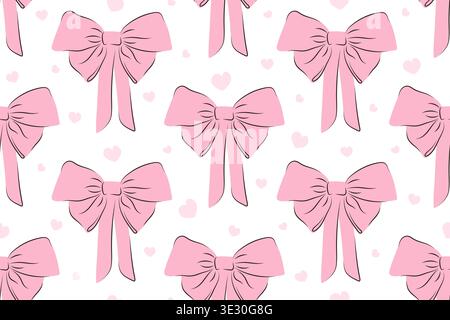Seamless pattern with cute pink bows and hearts hand-drawn on a white background. A cute feminine print of romantic bows and ribbons for decorating holidays, wedding textiles and birthday parties. Stock Vector
