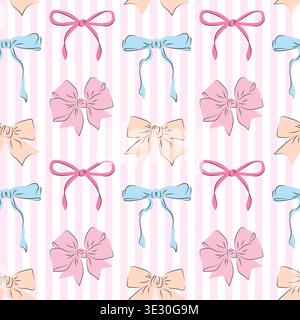Seamless pattern with repeating multicolored bows on a pink striped background. Decorative textile print with ribbon knots for baby shower, wrapping paper, birthday card, nursery and fashion design. Stock Vector