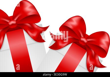 Horizontal template with realistic gift boxes and space for text. Two white gift boxes are decorated with shiny red satin bows. A banner for designing holiday cards, discount offers, and greetings. Stock Vector