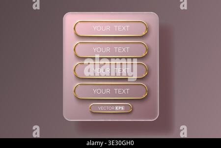 Stylish Glassmorphism Buttons UI Element. Modern design with golden frames on a pastel background. Vector illustration Stock Vector