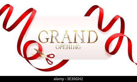 Elegant Grand Opening design featuring golden text, a realistic red ribbon, and scissors. Vector illustration Stock Vector