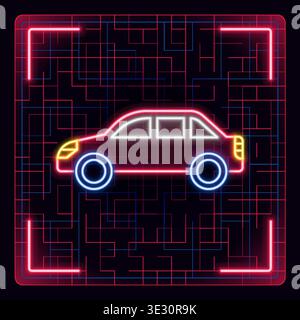 Red car vector illustration with side view. Red car vector illustration. Neon strokes, tech cyber concept, glowing energy futuristic visuals. Stock Vector