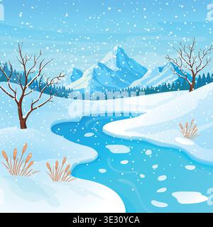 Beautiful Winter landscape with trees river and snowy mountains. Stock Vector
