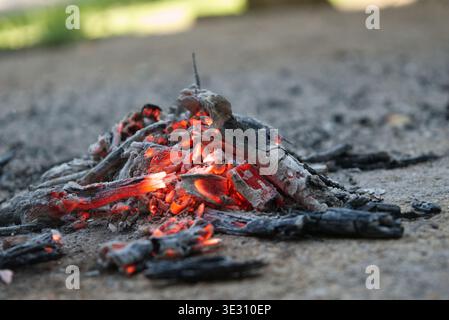 Embers from an old fire crackling red with white ash on pavement, remnants of a lively party with friends and family. Ashes litter the whole street. Stock Photo