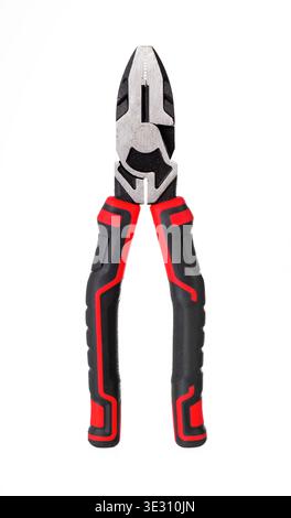 Professional combination pliers with red and black ergonomic handles isolated on white. Metal hand tool Stock Photo