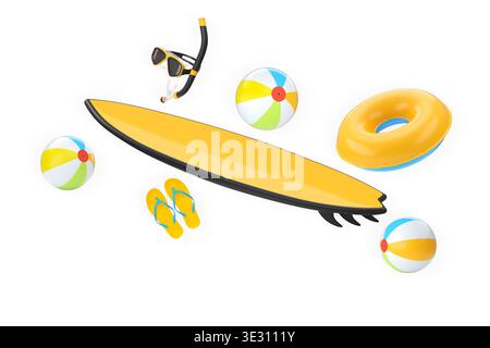 Set of beach items including surfboard, snorkel, flip-flops, and beach balls isolated on white background Stock Photo
