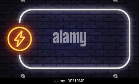Neon electric lightning icon inside a glowing circle with large light frame. Bright energy symbol on dark brick wall background with copy space. Stock Vector