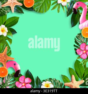 Summer tropical composition with copy space for a text, pink flamingo, orange, seashells with monstera leaves and flowers. Stock Photo