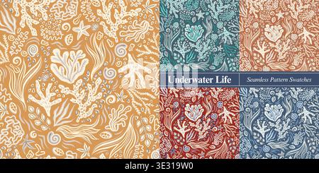 Underwater Seashells and Coral Seaweed Summer Seamless Patterns Set, Marine Sea Life Vector Illustration Gold Monochrome Bohemian Fashion Fabric Stock Vector