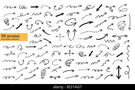 Arrow icon set with vector line hand and sketch illustration black. Design doodle sign with shape arrow curve and drawn arrows isolated. Circle Stock Vector