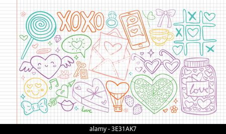 Love vector illustration with doodle heart icon and valentine cute design. Wedding set day with hand element cake and sketch party ribbon. Graphic Stock Vector