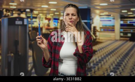 Woman painter holding paintbrush and touching chin while studying bristles in building filled with gym machines and patterned floor; creative contempl Stock Photo