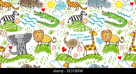 Seamless pattern children's drawings of African animals. Hand drawn. Not AI, vector illustration. Stock Vector