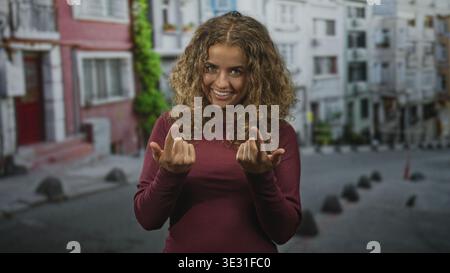 Young woman smiling beckons with both index fingers and visible hands on a residential street; playful invitation. Stock Photo