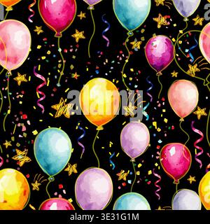 Seamless pattern with colorful watercolor balloons. Hand drawn. Not AI, vector illustration. Stock Vector