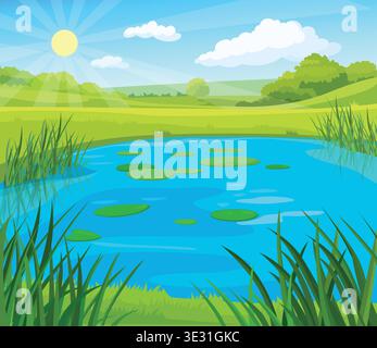 Summer nature landscape with lake. Beautiful sunny illustration of meadow with pond. Spring landscape with blue sky, clouds and green grass Stock Vector