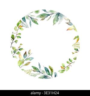 Round frame with watercolor twigs and green leaves. Summer or spring postcard. Hand drawn. Not AI, vector illustration. Stock Vector