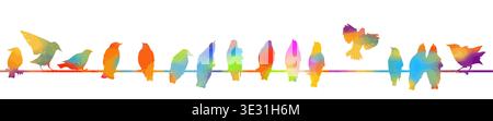 Silhouette colored of starlings on wires. Hand drawn. Not AI, vector illustration. Stock Vector