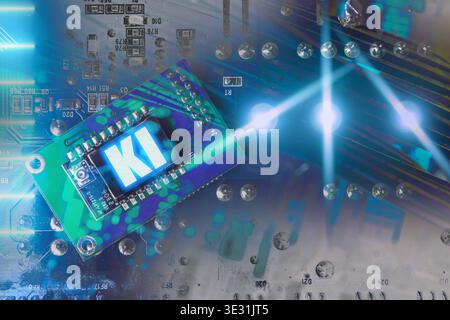 Bavaria, Germany - March 20, 2026: PHOTO MONTAGE, A microchip with an AI symbol on a circuit board represents artificial intelligence and modern technology. The image illustrates the digital processing of data and the importance of AI for innovation and automation. *** FOTOMONTAGE, Ein Mikrochip mit KI-Symbol auf einer Leiterplatte steht für künstliche Intelligenz und moderne Technologie. Das Bild zeigt die digitale Verarbeitung von Daten und die Bedeutung von KI für Innovation und Automatisierung. Stock Photo