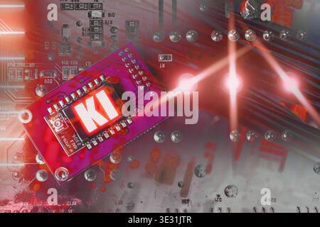Bavaria, Germany - March 20, 2026: PHOTO MONTAGE, A microchip with an AI symbol on a circuit board represents artificial intelligence and modern technology. The image illustrates the digital processing of data and the importance of AI for innovation and automation. *** FOTOMONTAGE, Ein Mikrochip mit KI-Symbol auf einer Leiterplatte steht für künstliche Intelligenz und moderne Technologie. Das Bild zeigt die digitale Verarbeitung von Daten und die Bedeutung von KI für Innovation und Automatisierung. Stock Photo