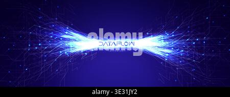 Abstract Digital Transformation AI Neuronal Connection Overflow Light Lines, Blue Neon Glowing Pathway. Innovate Neural Scientific Complex Researching Stock Vector