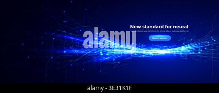 Abstract Digital Transformation AI Neuronal Connection Overflow Light Lines, Blue Neon Glowing Pathway. Innovate Neural Scientific Complex Researching Stock Vector