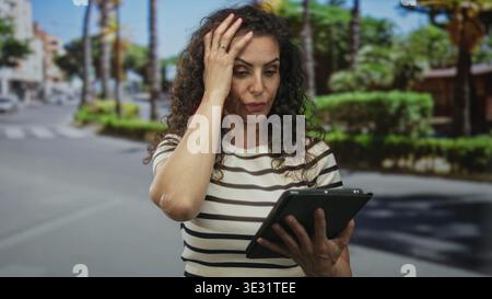Woman on city street holding tablet with one hand and touching forehead with the other while staring at screen; surprise. Stock Photo