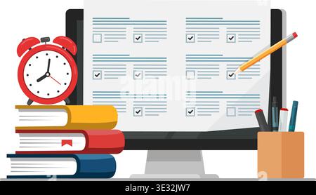 Concept of online exam on smartphone or computer. Online exam, opinion checklist, online education, questionnaire form. Stock illustration Stock Vector