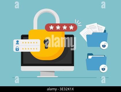 File security and safety concept. Folder lock application or software. Giving a password to a document. User with a big padlock. Stock illustration Stock Vector