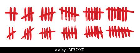 Prison wall tally marks, cross slashes. Counter slashes scored in red paint with striking linear design Stock Vector