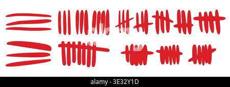 Blood-red slash tally marks set. Prison counting system elements. Cross slashes forms and linear strokes Stock Vector