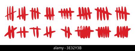 Blood-red slash tally marks. Prison counting system. Striking wall tracker with linear hash design Stock Vector