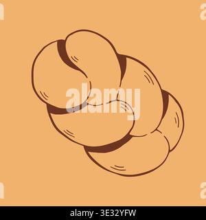 Hand drawn vector illustration of a braided challah loaf or gourmet brioche bread. Minimalist brown line art icon of traditional Jewish bread for Stock Vector