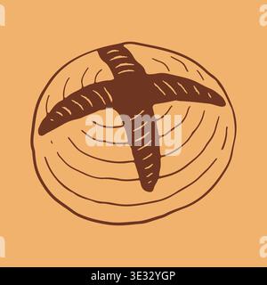 Vector illustration of a round sourdough loaf with a characteristic cross cut on top. Hand drawn brown line art icon of rustic artisan bread for Stock Vector
