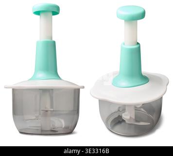 manual plastic food grinder and vegetable chopper isolated white background, plunger lid with empty transparent grey container, different angles Stock Photo