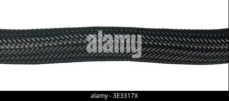 black braided nylon cable sleeve isolated white background, interlocking mesh pattern synthetic protective material, close up macro view Stock Photo