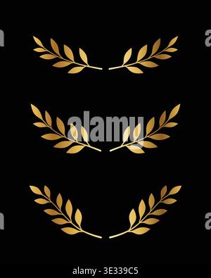 Golden leaf branches set motifs arc border frame underline top line black background collection. Each leaf cluster curves elegantly, creating balanced Stock Vector