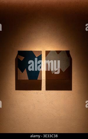Two abstract panels hang on a textured wall. Warm light casts soft shadows. Deep blue and earthy tones contrast gently. Modern art display evokes calm Stock Photo