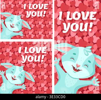 set of banners with cute bunny and red background. Text Ilove you. Stock Vector