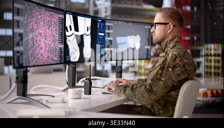 Rocket Engineer Analyzes Industrial Computer Systems At Workstation, Focused On Engineering And Security Stock Photo