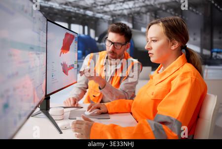 Power Plant Technician Oversees Gas Turbine Operations Via SCADA Interface Stock Photo