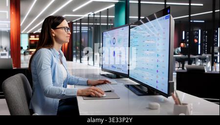 Female Compliance Officer Analyzing Risk Assessments Across Several Monitors Stock Photo
