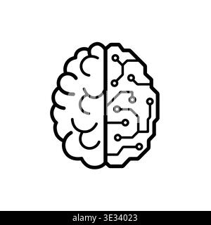 Minimal line icon of human brain and artificial intelligence concept split brain symbol representing comparison between technology and human thinking Stock Vector