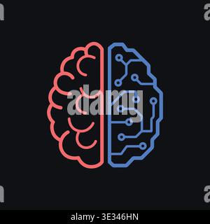 Neon style icon of artificial intelligence and human brain on dark background split concept showing comparison between technology and human thinking i Stock Vector