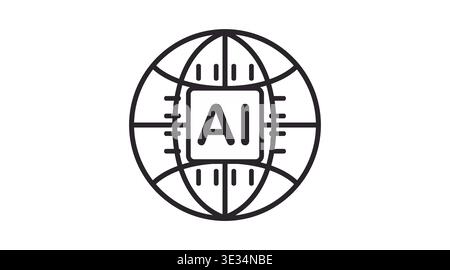 Black line vector icon of a globe with an AI label Stock Vector